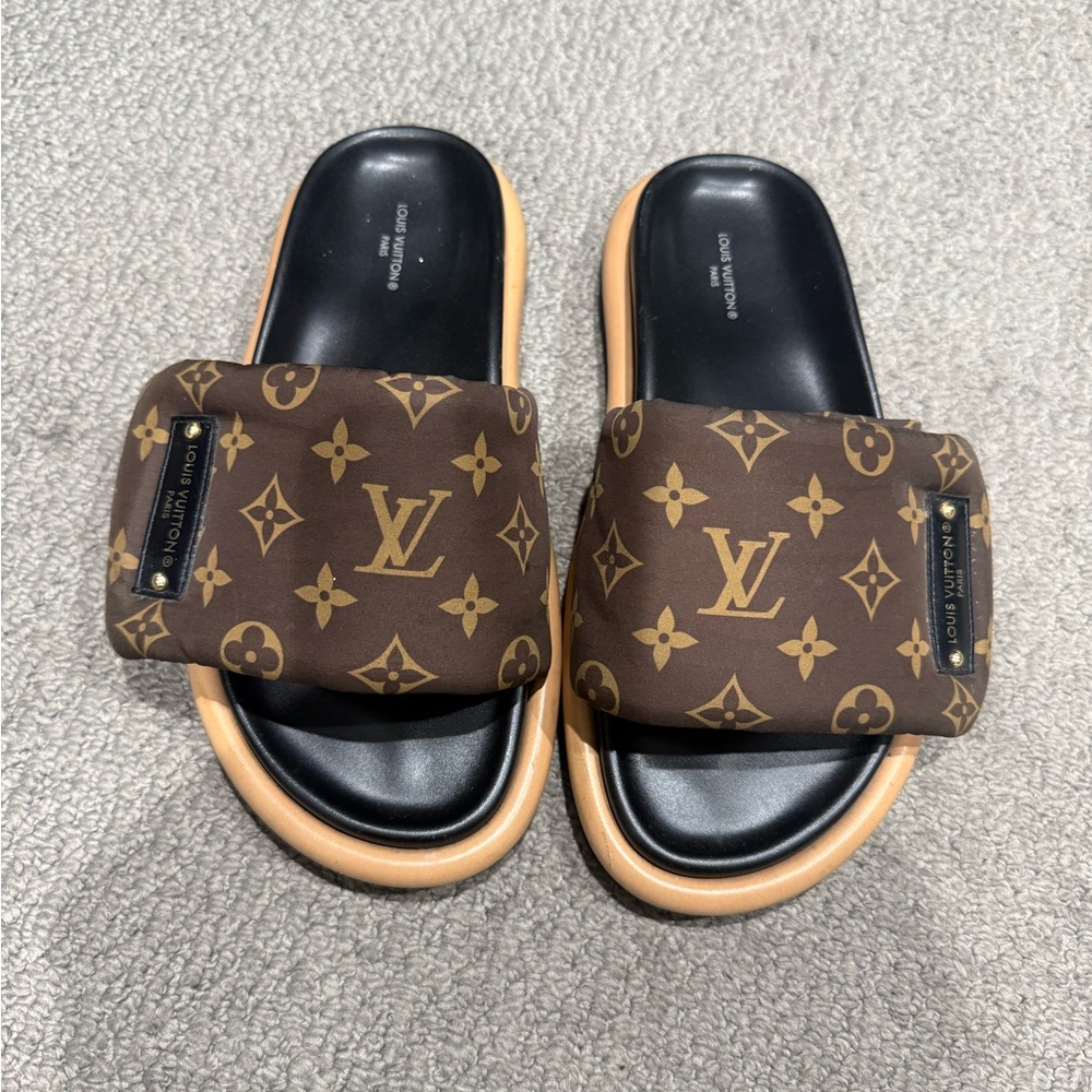 Louis Vuitton Pool Slides Black and Brown Monogram Slides